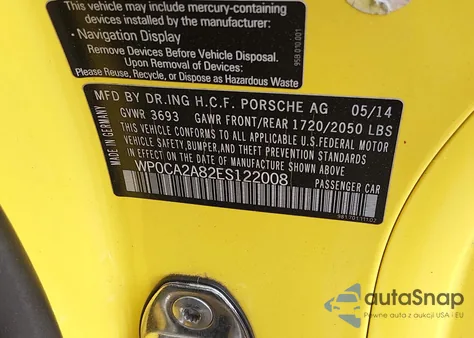 2014 Porsche Boxster z USA, uszkodzony, nr VIN WP0CA2A82ES122008